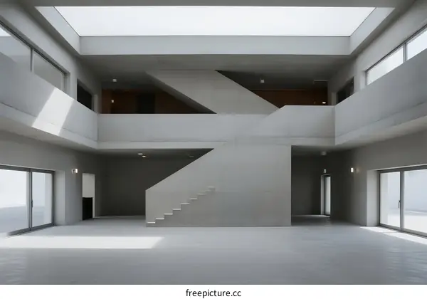 Minimalist Modern House with Central Staircase and Open Space
