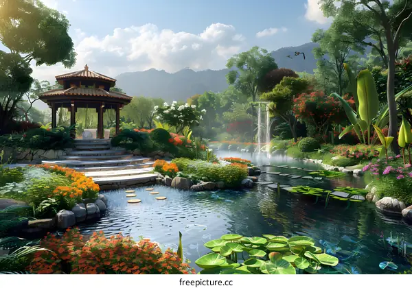 Chinese style pavilion surrounded by mountains, trees and a river