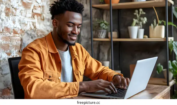 African American Man Working on Laptop at Home