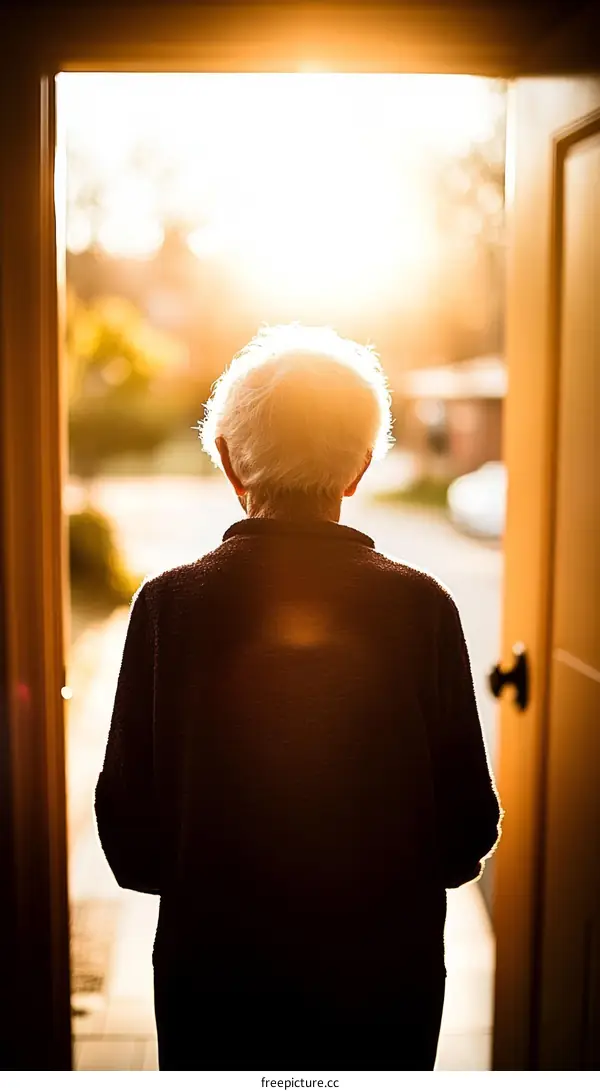 Elderly Person Standing at Doorway Looking at Sunrise