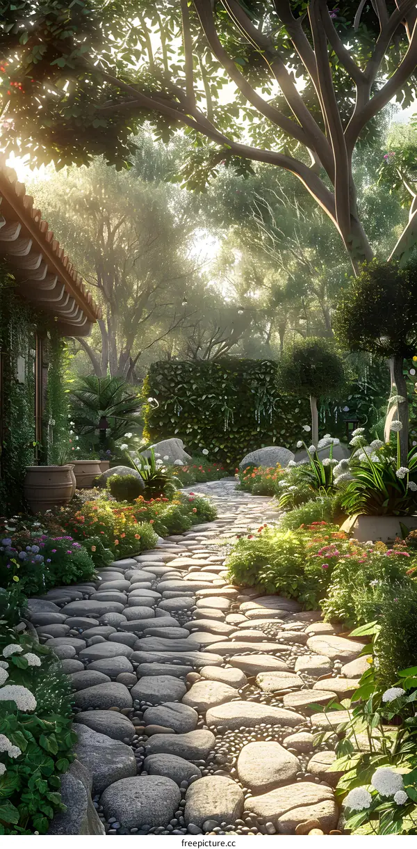 Sunlight shines on a garden path