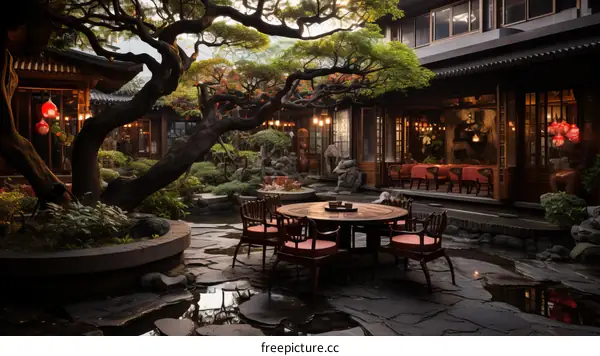 Courtyard with a round table and chairs under a large tree