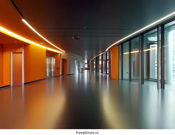 Modern Office Corridor with Orange Walls and Glass Doors