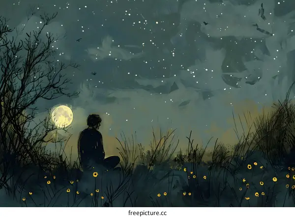 Silhouette of Man Gazing at the Night Sky with Stars and Moon