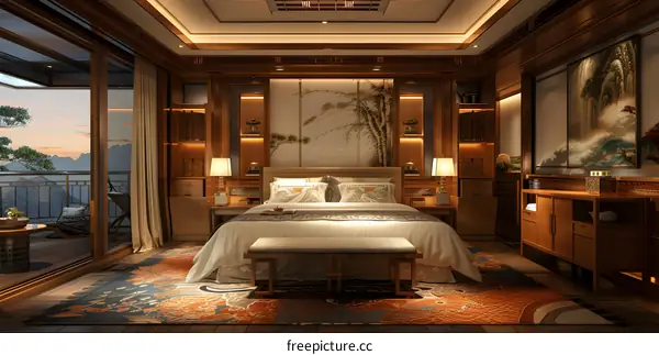 An exquisite hotel room with a balcony and a view of the mountains.