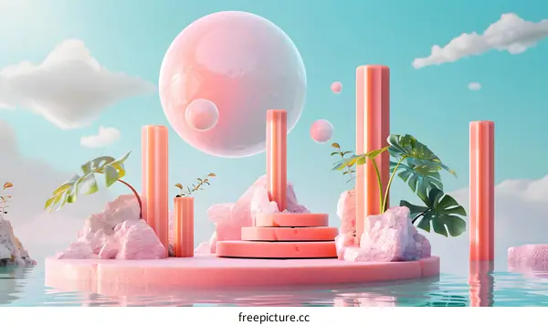 Pink Surreal Abstract Background with 3D Platform
