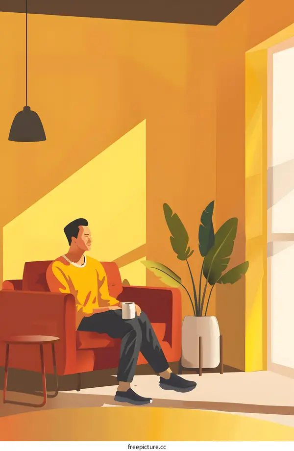 Man Relaxing on Sofa in Living Room with Coffee