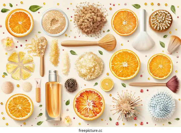 Beauty products and orange slices on a white background