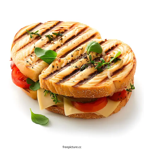 A grilled cheese sandwich with tomato and basil