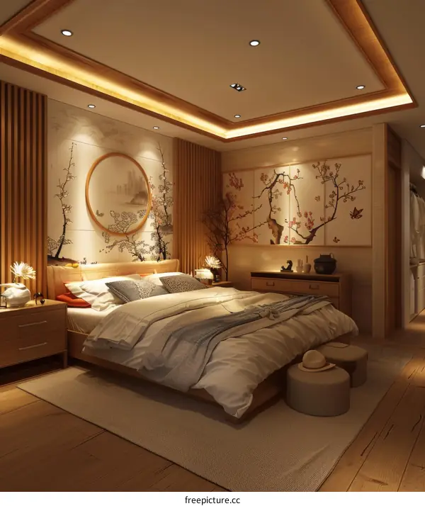 Zen Style Bedroom Interior Design with Wooden Furniture and Japanese Elements
