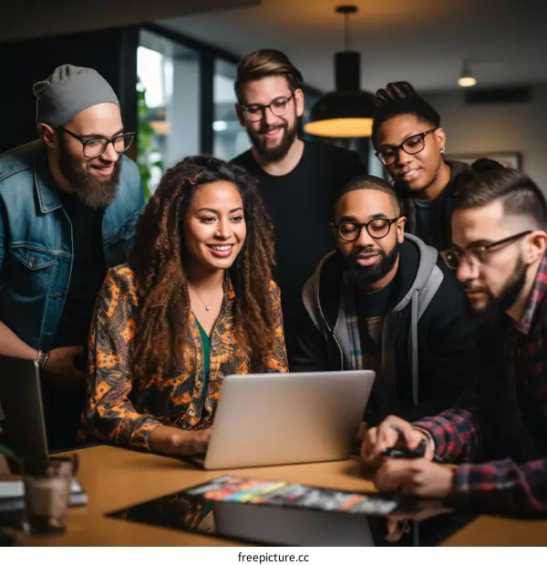 A group of people of different ethnicities are looking at a laptop.