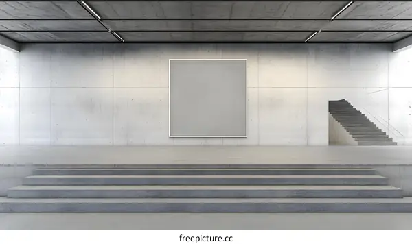 Modern Empty Gallery Room With Stairs And Blank Canvas