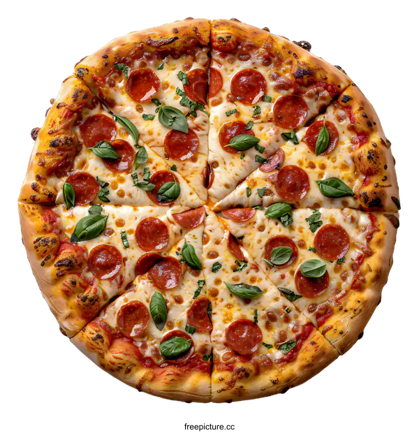 [Transparent Background PNG]A delicious pepperoni pizza with basil leaves