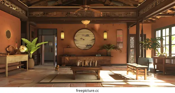 Traditional Asian Home Interior Design With Wooden Furniture And Plants