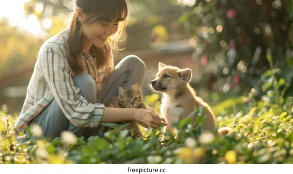 A young Asian woman is playing with a kitten and a puppy in the grass.