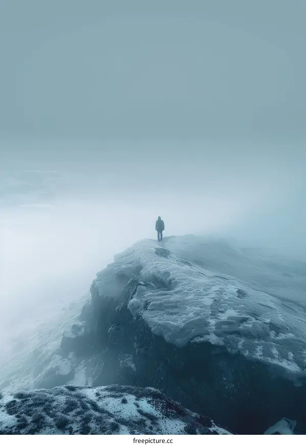 Man standing alone on a foggy mountaintop