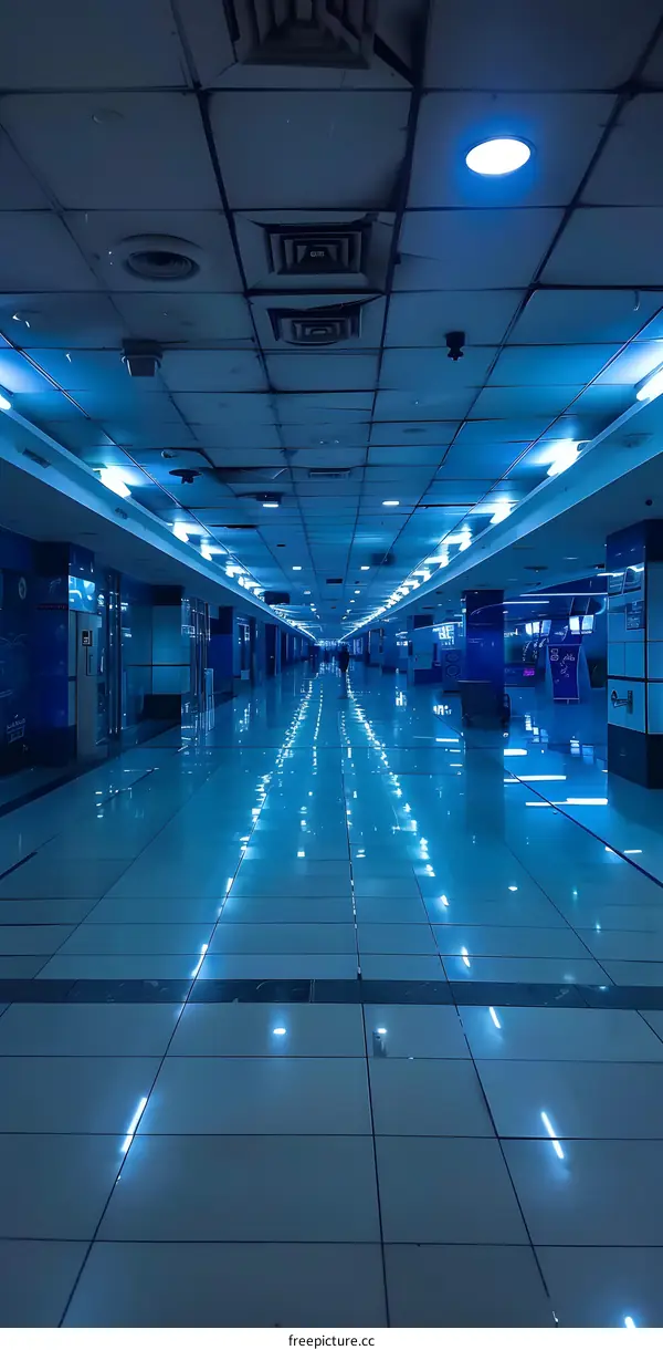 Blue Tiled Underground Passageway With Fluorescent Lights
