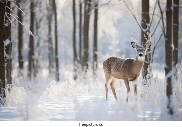 White-Tailed Deer Standing in Snowy Forest