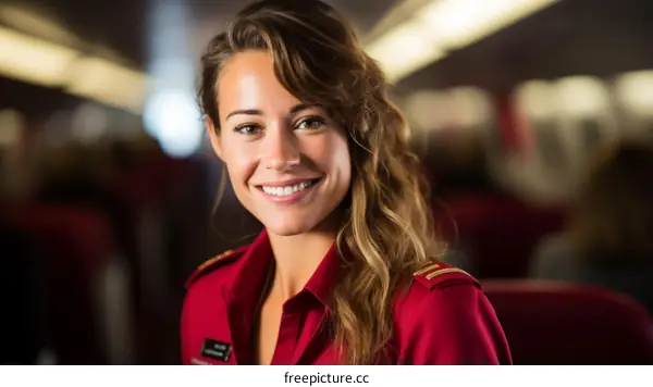 Portrait of a beautiful young stewardess with brown hair and green eyes