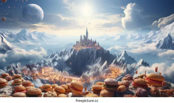 Hamburgers on a snowy mountaintop with a castle in the distance