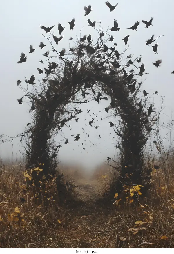 Black Birds Flying Through a Tree Archway in the Fog