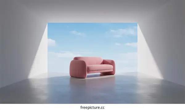 A Minimalist Pink Sofa in a Bright White Room with Sky View