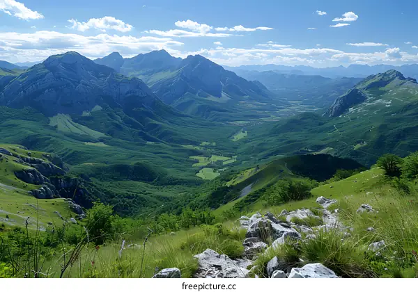 mountain range landscape with green valley and blue sky