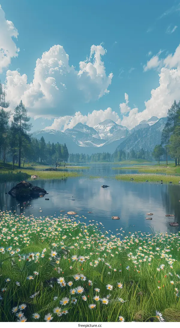 Peaceful Lake in a Valley with Blooming White Flowers