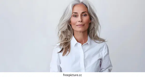 Portrait of a Mature Woman with Gray Hair Wearing a White Shirt
