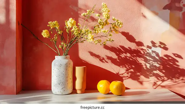 Dried Flowers in a Vase on a Table Against a Red Wall