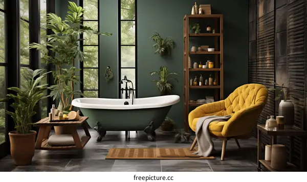 Bathroom interior with green walls, yellow armchair and plants