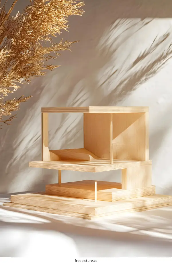 Minimalist Wooden Model House with Natural Light and Shadows