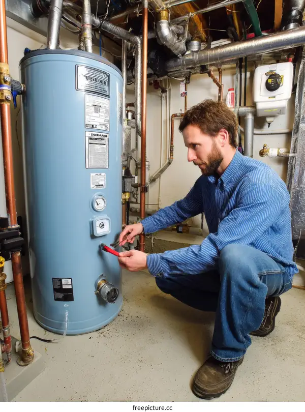 Technician Inspecting Water Heater in Basement