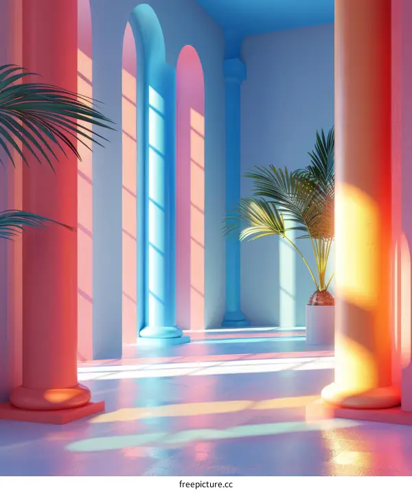 Colorful Interior with Sunlight and Columns