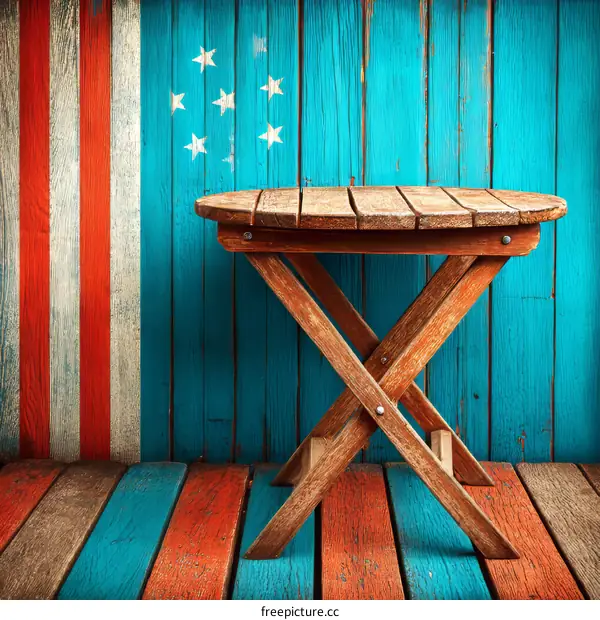 Rustic Wooden Table Against a Painted Wall with Patriotic Design