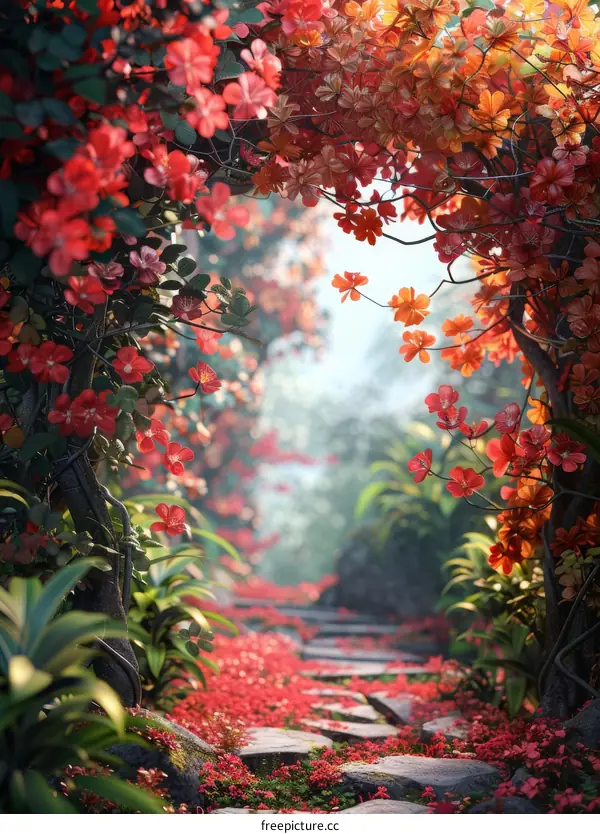 Fantasy Forest Path with Red Flowers