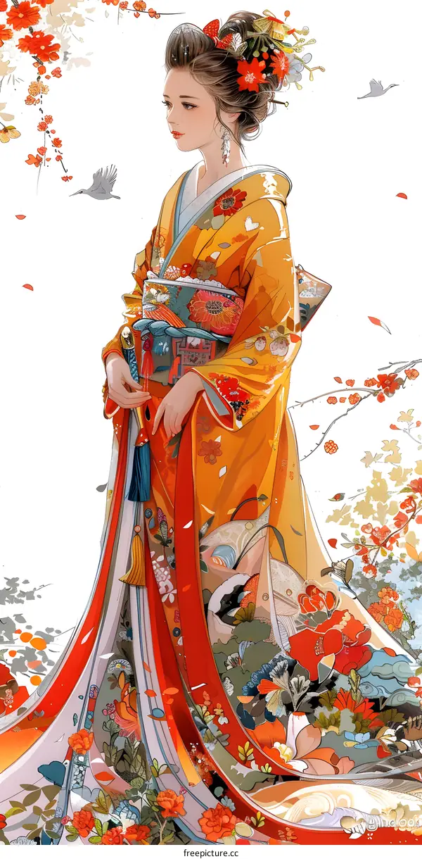 A beautiful painting of a woman in a kimono with red and orange flowers and white cranes