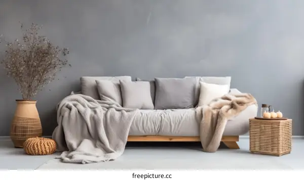 Cozy Gray Living Room with Fur Throw and Pampas Grass