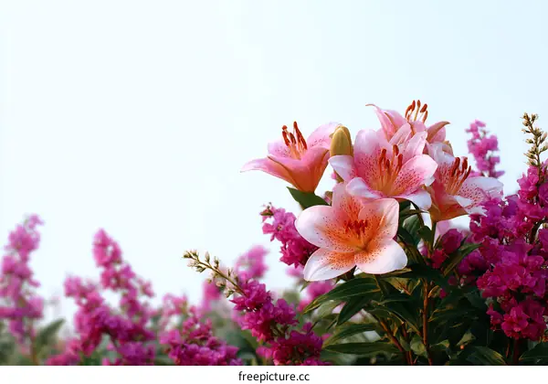 Beautiful Pink and White Lilies with Purple Flowers