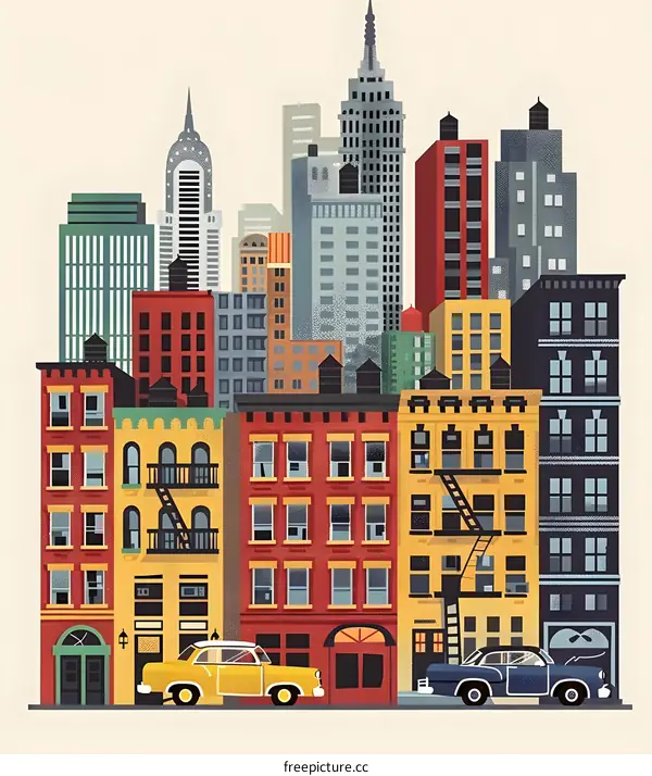 Vintage Illustration Of Cityscape With Buildings And Cars