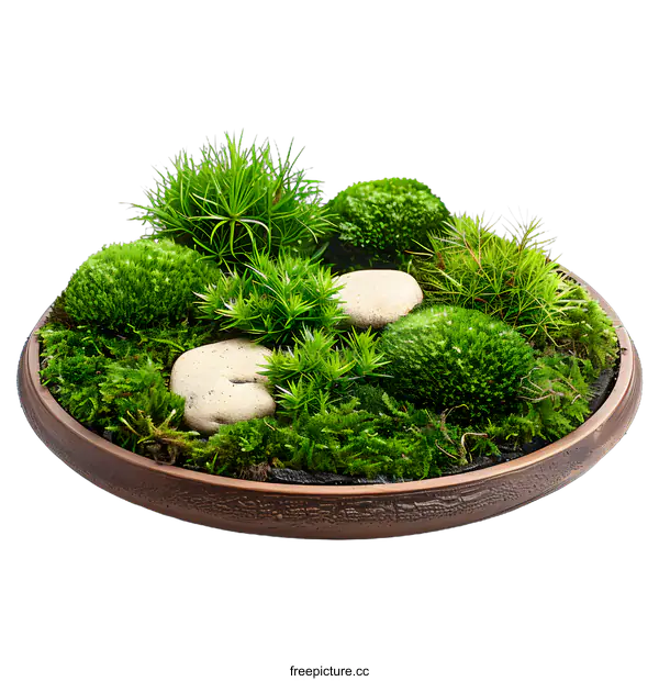 [Transparent Background PNG]Green Moss Terrarium in a Wooden Bowl
