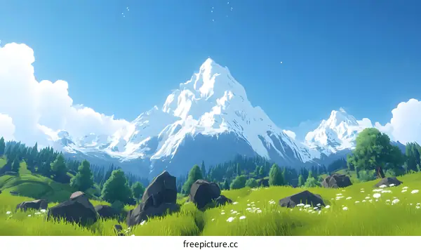 Mountain Landscape With Snow Capped Peaks And Green Meadows