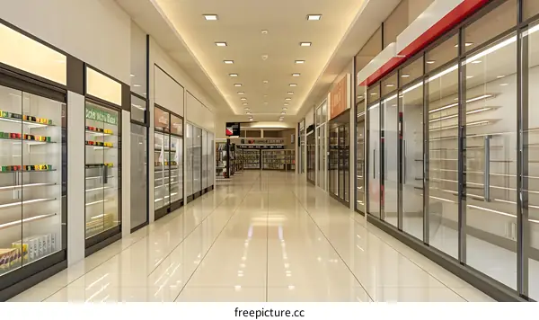 Empty Shopping Mall Corridor with Glass Doors