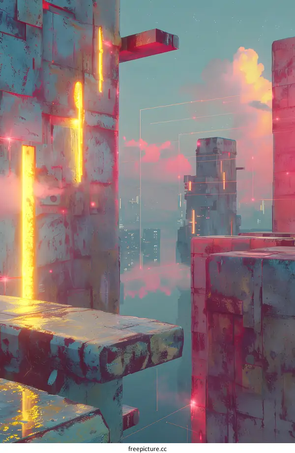 A cyberpunk city with a pink sky and blue buildings