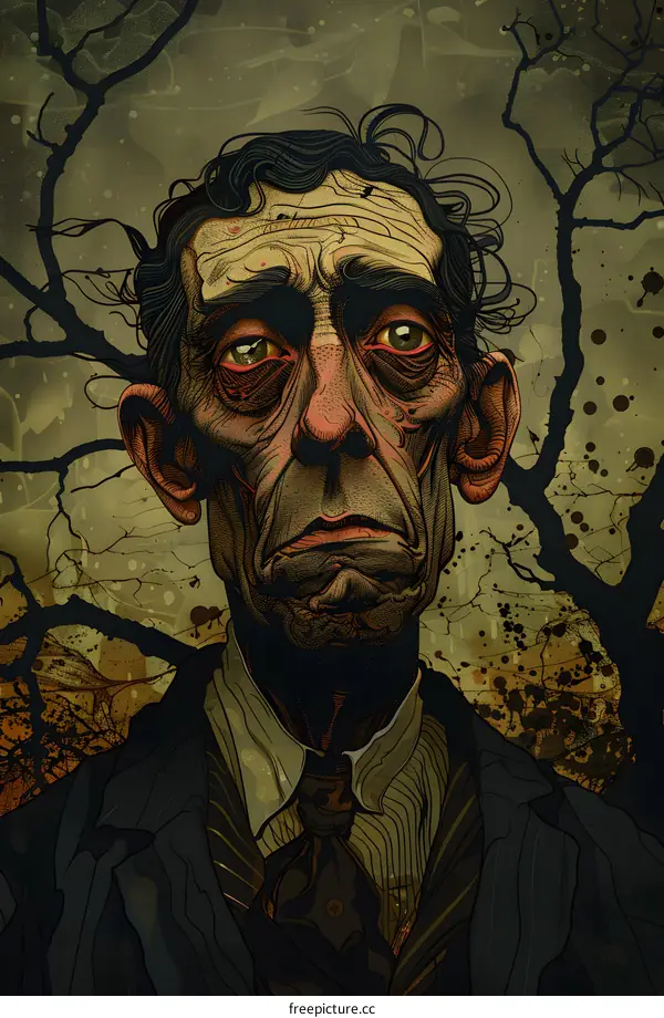 A dark portrait of a man with a haunted expression on his face