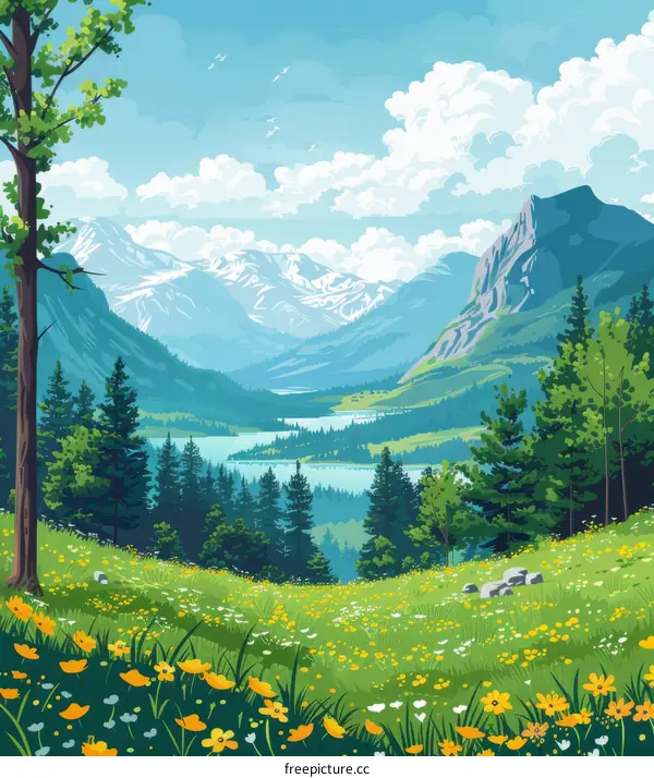 Tranquil mountain valley landscape with lake and wildflowers