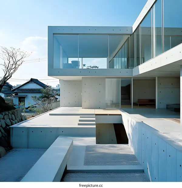 Modern Concrete House with Large Windows and Patio