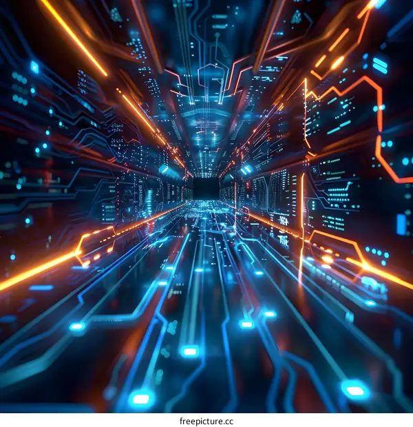 Abstract Futuristic Tunnel with Digital Circuitry and Neon Lights