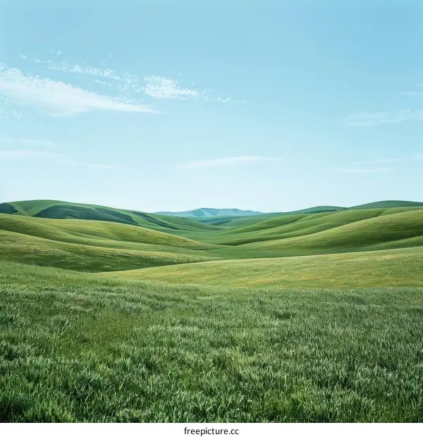 Green rolling hills under blue sky