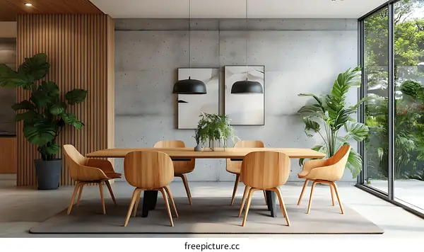 Modern Wooden Dining Area with Concrete Walls and Large Windows